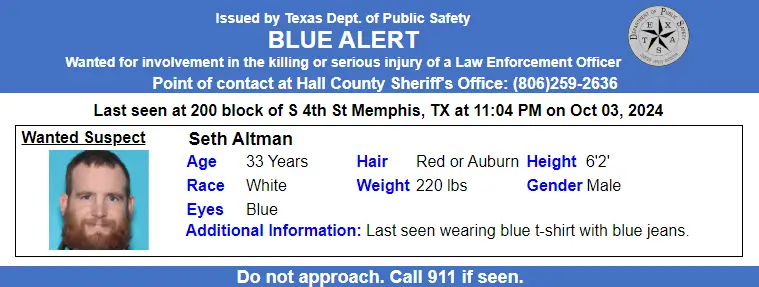 GZCeAn2W0AAyBPO Blue alert issued in Hall County, Texas for man suspected of injuring police officer